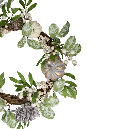20" White Pumpkin, Berries & Leaves Twig Wreath